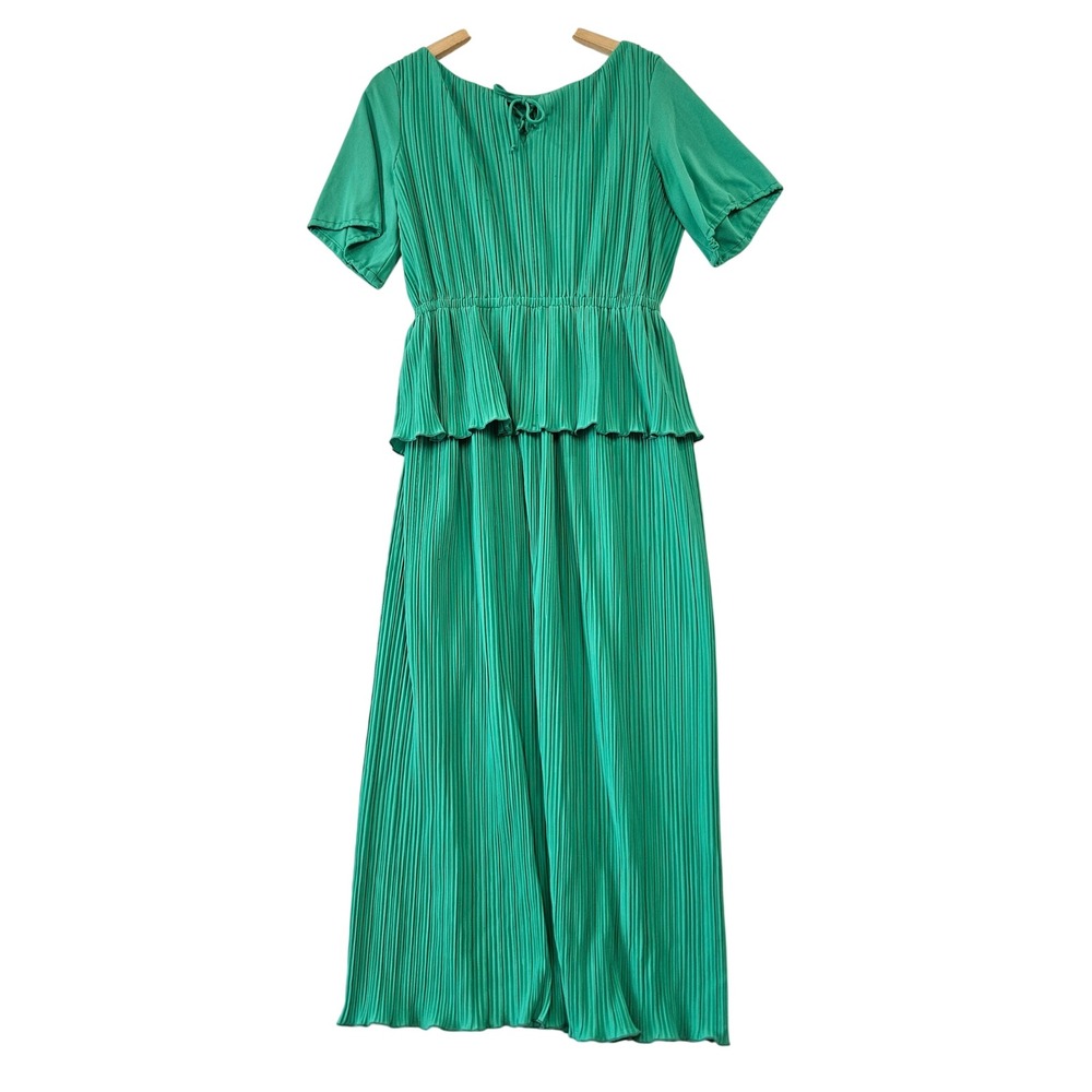 Vintage Dress Womens 16 Green Pleated Peplum Short Sleeve ILGWU‎ 70s Retro